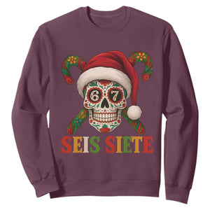 Seis Siete Christmas Meme Sweatshirt Sugar Skull 67 Santa Hat Candy Canes TS02 Maroon Print Your Wear
