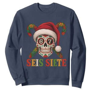 Seis Siete Christmas Meme Sweatshirt Sugar Skull 67 Santa Hat Candy Canes TS02 Navy Print Your Wear