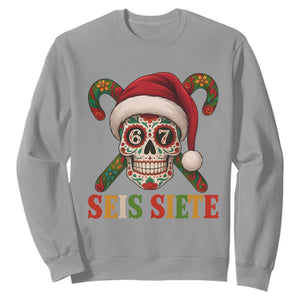 Seis Siete Christmas Meme Sweatshirt Sugar Skull 67 Santa Hat Candy Canes TS02 Sport Gray Print Your Wear