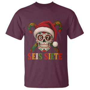 Seis Siete Christmas Meme T Shirt Sugar Skull 67 Santa Hat Candy Canes TS02 Maroon Print Your Wear
