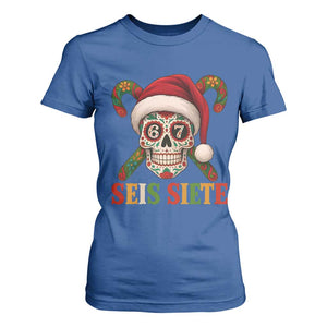 Seis Siete Christmas Meme T Shirt For Women Sugar Skull 67 Santa Hat Candy Canes TS02 Royal Blue Print Your Wear