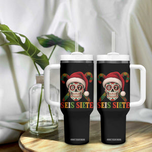 Seis Siete Christmas Meme Tumbler With Handle Sugar Skull 67 Santa Hat Candy Canes TS02 Print Your Wear