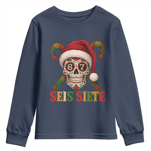 Seis Siete Christmas Meme Youth Sweatshirt Sugar Skull 67 Santa Hat Candy Canes TS02 Navy Print Your Wear