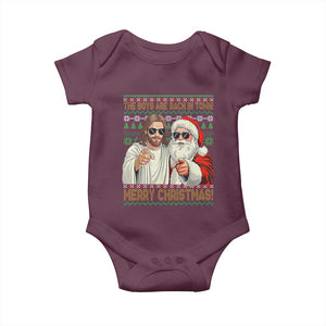 The Boys Are Back in Town Funny Christmas Baby Onesie Cool Santa and Jesus Holiday Humor TS02 Maroon Print Your Wear