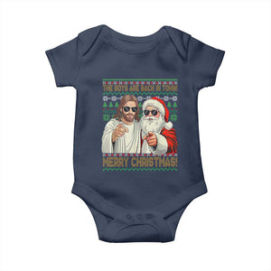 The Boys Are Back in Town Funny Christmas Baby Onesie Cool Santa and Jesus Holiday Humor TS02 Navy Print Your Wear