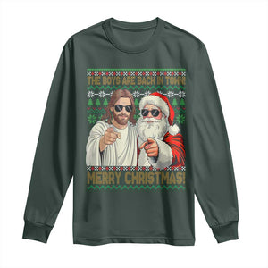 The Boys Are Back in Town Funny Christmas Long Sleeve Shirt Cool Santa and Jesus Holiday Humor TS02 Dark Forest Green Print Your Wear