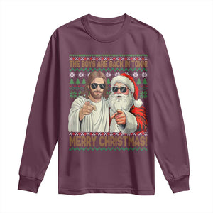 The Boys Are Back in Town Funny Christmas Long Sleeve Shirt Cool Santa and Jesus Holiday Humor TS02 Maroon Print Your Wear