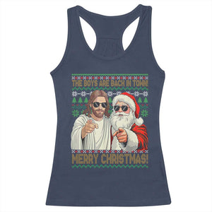 The Boys Are Back in Town Funny Christmas Racerback Tank Top Cool Santa and Jesus Holiday Humor TS02 Navy Print Your Wear