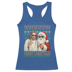 The Boys Are Back in Town Funny Christmas Racerback Tank Top Cool Santa and Jesus Holiday Humor TS02 Royal Blue Print Your Wear