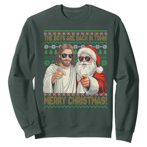 The Boys Are Back in Town Funny Christmas Sweatshirt Cool Santa and Jesus Holiday Humor TS02 Dark Forest Green Print Your Wear