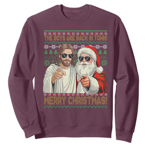 The Boys Are Back in Town Funny Christmas Sweatshirt Cool Santa and Jesus Holiday Humor TS02 Maroon Print Your Wear