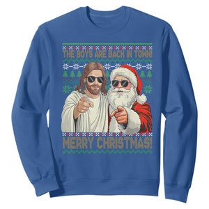 The Boys Are Back in Town Funny Christmas Sweatshirt Cool Santa and Jesus Holiday Humor TS02 Royal Blue Print Your Wear