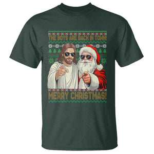 The Boys Are Back in Town Funny Christmas T Shirt Cool Santa and Jesus Holiday Humor TS02 Dark Forest Green Print Your Wear