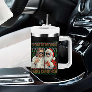 The Boys Are Back in Town Funny Christmas Tumbler With Handle Cool Santa and Jesus Holiday Humor TS02 Print Your Wear