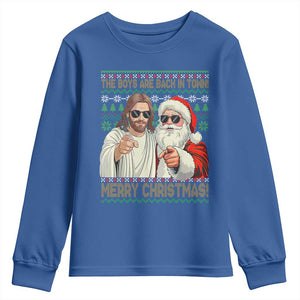 The Boys Are Back in Town Funny Christmas Youth Sweatshirt Cool Santa and Jesus Holiday Humor TS02 Royal Blue Print Your Wear