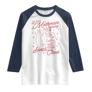 I Saw Mothman Kissing Santa Claus Raglan Shirt Funny Cryptid Christmas Gag Gift TS02 White Navy Print Your Wear