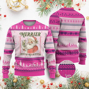 Merrier With Martinis Ugly Christmas Sweater Funny Retro Santa Xmas Cocktail Lover TS02 Hot Pink Print Your Wear