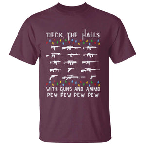 Deck the Halls with Guns and Ammo T Shirt Funny Pew Pew Christmas Meme for Second Amendment Fans TS02 Maroon Print Your Wear