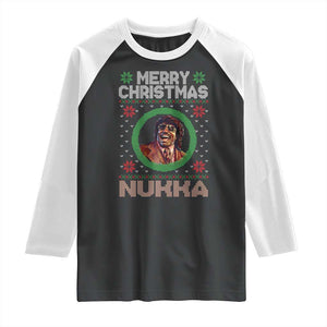 Funny Retro Merry Christmas Nukka Parody Raglan Shirt Holiday Cheer 90s Xmas Throwback Parody TS02 Black White Print Your Wear