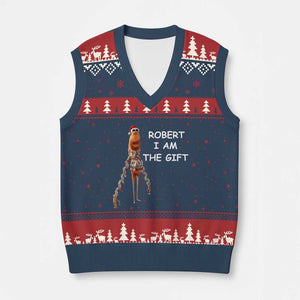Funny Marcus the Worm in Ugly Xmas Sweater V-Neck Knit Sweater Vest Robert I Am the Gift Meme Holiday Humor TS02 Navy Red Print Your Wear