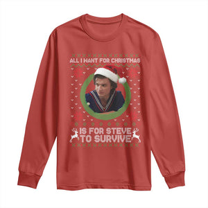 Funny Stranger Xmas Survival Wishes Long Sleeve Shirt All I Want for Christmas is Steve to Survive Fan Gift TS02 Red Print Your Wear