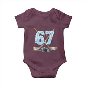 67 Ice Hockey Sticks and Puck Baby Onesie Funny Six Seven Brainrot Dripping Number Melting Snow TS02 Maroon Print Your Wear