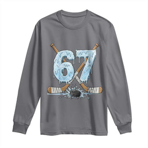 67 Ice Hockey Sticks and Puck Long Sleeve Shirt Funny Six Seven Brainrot Dripping Number Melting Snow TS02 Charcoal Print Your Wear