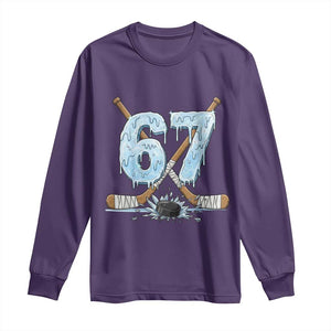 67 Ice Hockey Sticks and Puck Long Sleeve Shirt Funny Six Seven Brainrot Dripping Number Melting Snow TS02 Purple Print Your Wear