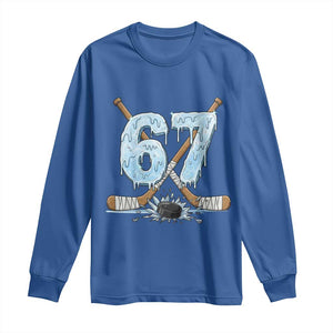 67 Ice Hockey Sticks and Puck Long Sleeve Shirt Funny Six Seven Brainrot Dripping Number Melting Snow TS02 Royal Blue Print Your Wear