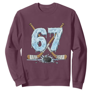 67 Ice Hockey Sticks and Puck Sweatshirt Funny Six Seven Brainrot Dripping Number Melting Snow TS02 Maroon Print Your Wear