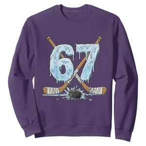 67 Ice Hockey Sticks and Puck Sweatshirt Funny Six Seven Brainrot Dripping Number Melting Snow TS02 Purple Print Your Wear