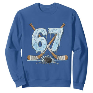67 Ice Hockey Sticks and Puck Sweatshirt Funny Six Seven Brainrot Dripping Number Melting Snow TS02 Royal Blue Print Your Wear