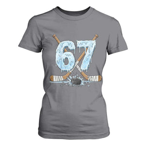 67 Ice Hockey Sticks and Puck T Shirt For Women Funny Six Seven Brainrot Dripping Number Melting Snow TS02 Charcoal Print Your Wear