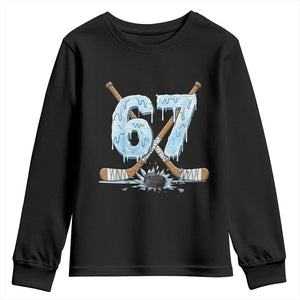 67 Ice Hockey Sticks and Puck Youth Sweatshirt Funny Six Seven Brainrot Dripping Number Melting Snow TS02 Black Print Your Wear