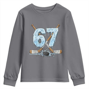 67 Ice Hockey Sticks and Puck Youth Sweatshirt Funny Six Seven Brainrot Dripping Number Melting Snow TS02 Charcoal Print Your Wear
