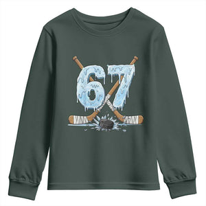67 Ice Hockey Sticks and Puck Youth Sweatshirt Funny Six Seven Brainrot Dripping Number Melting Snow TS02 Dark Forest Green Print Your Wear