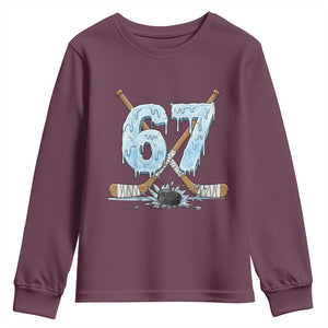 67 Ice Hockey Sticks and Puck Youth Sweatshirt Funny Six Seven Brainrot Dripping Number Melting Snow TS02 Maroon Print Your Wear