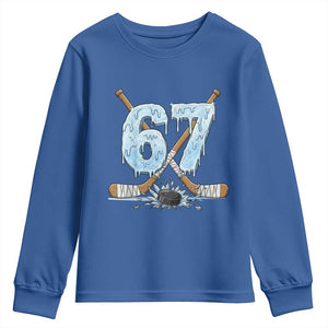 67 Ice Hockey Sticks and Puck Youth Sweatshirt Funny Six Seven Brainrot Dripping Number Melting Snow TS02 Royal Blue Print Your Wear
