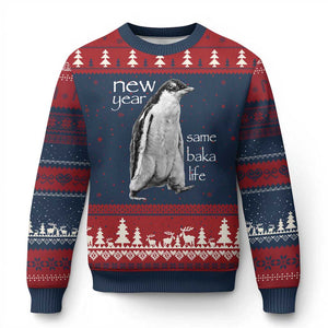 Funny New Year Same Baka Life Sarcastic Penguin Ugly Christmas Sweater Otaku Humor Core Cringe Meme TS02 Navy Red Print Your Wear