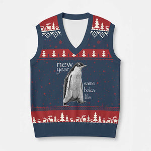 Funny New Year Same Baka Life Sarcastic Penguin V-Neck Knit Sweater Vest Otaku Humor Core Cringe Meme TS02 Navy Red Print Your Wear
