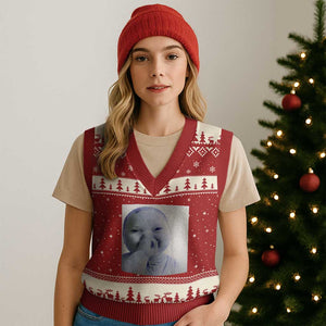 Funny Tuff Baby Giggling Meme V-Neck Knit Sweater Vest Viral AI Niche Baby Holding Laugh Photo TS02 Red Beige Print Your Wear