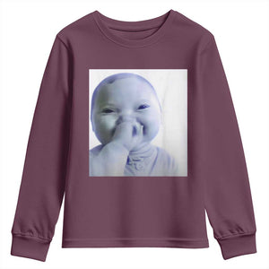 Funny Tuff Baby Giggling Meme Youth Sweatshirt Viral AI Niche Baby Holding Laugh Photo TS02 Maroon Print Your Wear