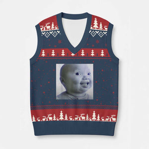 Funny Tuff Baby Side Eye Meme V-Neck Knit Sweater Vest Viral AI Niche Baby Face Reaction TS02 Navy Red Print Your Wear
