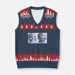 Funny Double Trouble Tuff Baby Meme V-Neck Knit Sweater Vest Viral AI Niche Baby Holding Laugh Duo Reaction TS02 Navy Red Print Your Wear
