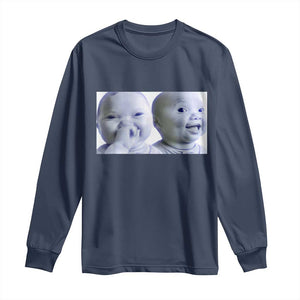 Funny Double Trouble Tuff Baby Meme Long Sleeve Shirt Viral AI Niche Baby Holding Laugh Duo Reaction TS02 Navy Print Your Wear