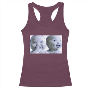 Funny Double Trouble Tuff Baby Meme Racerback Tank Top Viral AI Niche Baby Holding Laugh Duo Reaction TS02 Maroon Print Your Wear