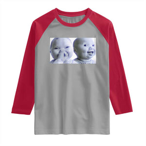 Funny Double Trouble Tuff Baby Meme Raglan Shirt Viral AI Niche Baby Holding Laugh Duo Reaction TS02 Sport Gray Red Print Your Wear