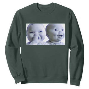 Funny Double Trouble Tuff Baby Meme Sweatshirt Viral AI Niche Baby Holding Laugh Duo Reaction TS02 Dark Forest Green Print Your Wear