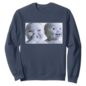 Funny Double Trouble Tuff Baby Meme Sweatshirt Viral AI Niche Baby Holding Laugh Duo Reaction TS02 Navy Print Your Wear