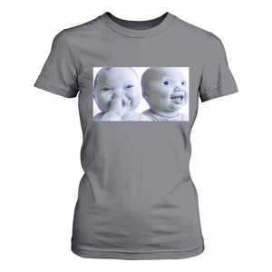 Funny Double Trouble Tuff Baby Meme T Shirt For Women Viral AI Niche Baby Holding Laugh Duo Reaction TS02 Charcoal Print Your Wear